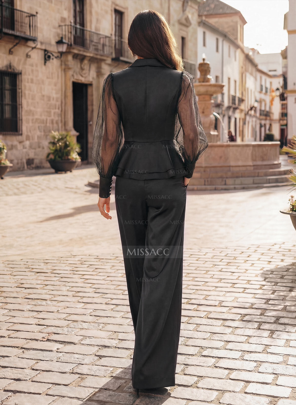 Jumpsuit/Pantsuit V-Neck Long Sleeves Floor-Length Crepe Satin Evening Dresses With Ruffle
