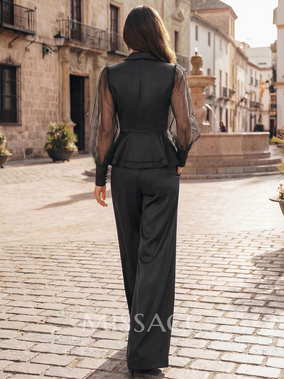 Jumpsuit/Pantsuit V-Neck Long Sleeves Floor-Length Crepe Satin Evening Dresses With Ruffle Jumpsuit/Pantsuit V-Neck Long Sleeves Floor-Length Crepe Satin Evening Dresses With Ruffle