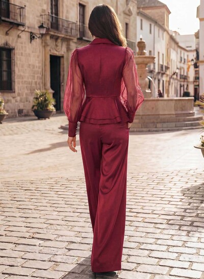 Jumpsuit/Pantsuit V-Neck Long Sleeves Floor-Length Crepe Satin Evening Dresses With Ruffle