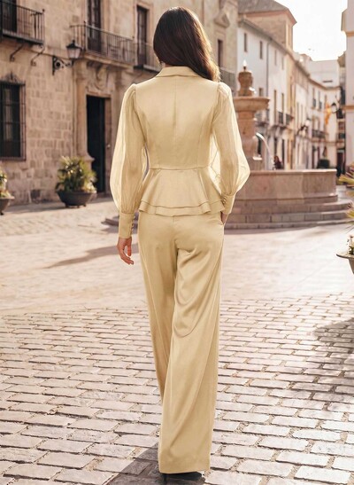 Jumpsuit/Pantsuit V-Neck Long Sleeves Floor-Length Crepe Satin Evening Dresses With Ruffle