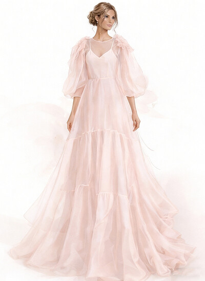 A-Line Scoop Neck/V-Neck 3/4 Sleeves Sweep Train Satin/Organza Evening Dresses