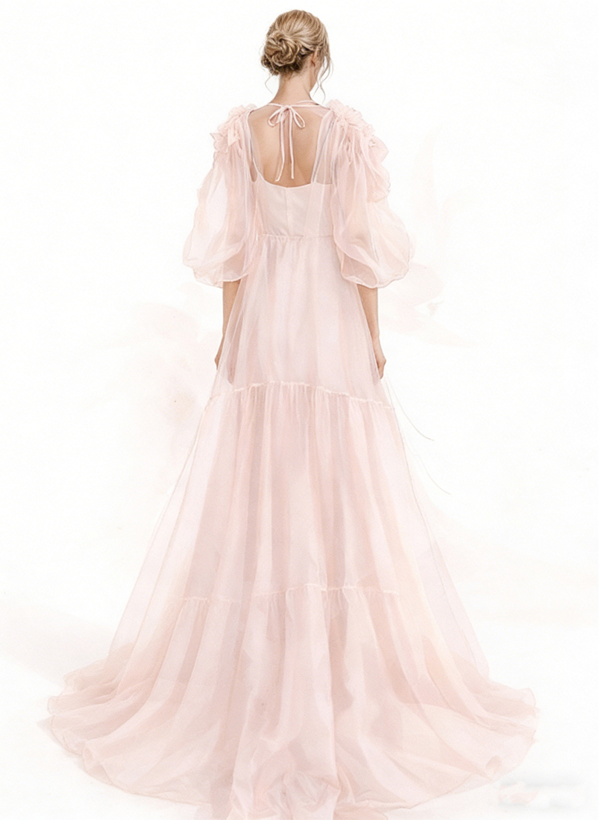 A-Line Scoop Neck/V-Neck 3/4 Sleeves Sweep Train Satin/Organza Evening Dresses