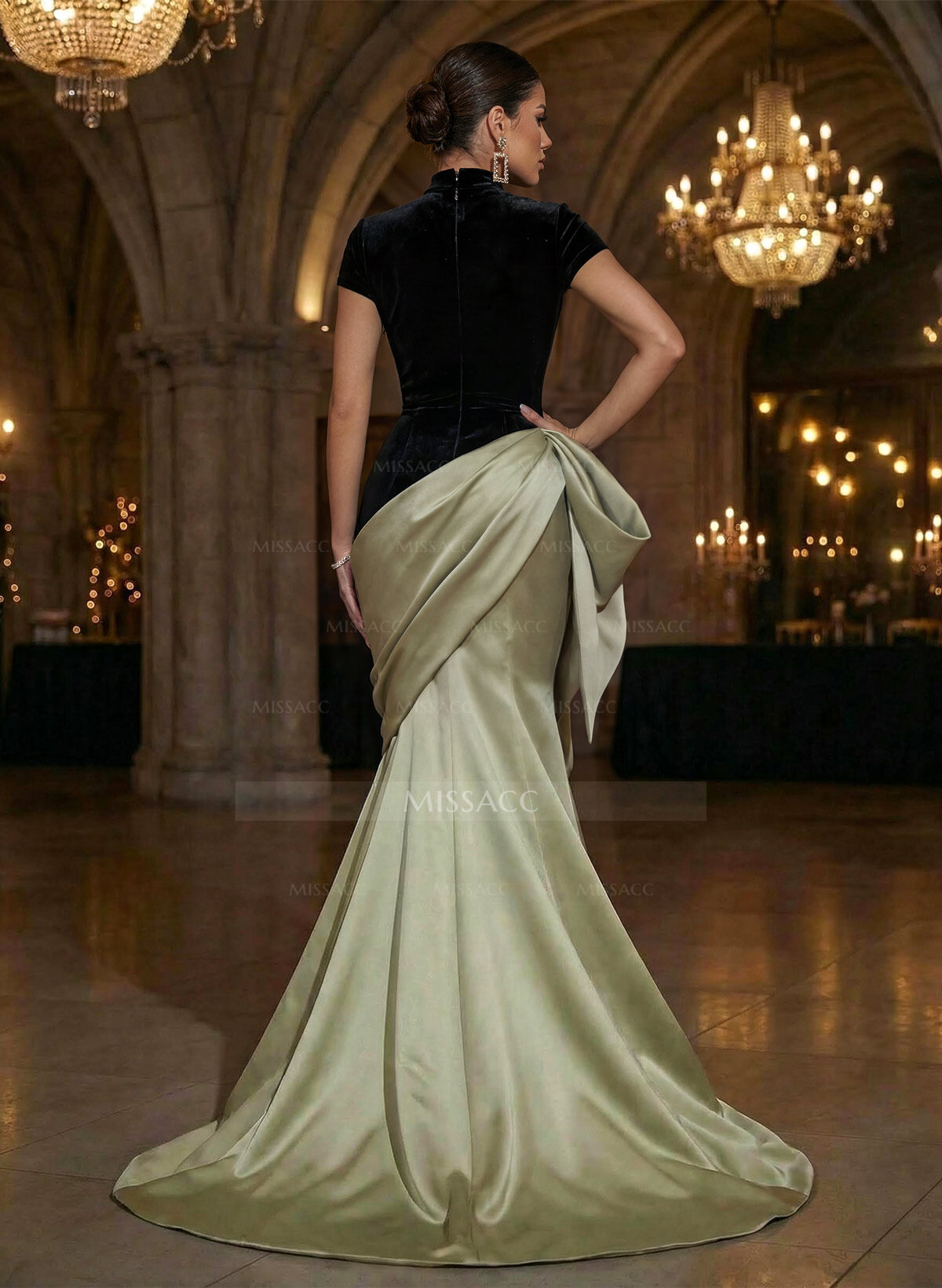 Trumpet/Mermaid High Neck Short Sleeves Sweep Train Evening Dresses With Sweeping Side Drape