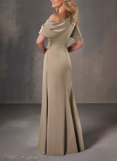 A-Line One-Shoulder Short Sleeves Floor-Length Crepe Satin Prom Dresses