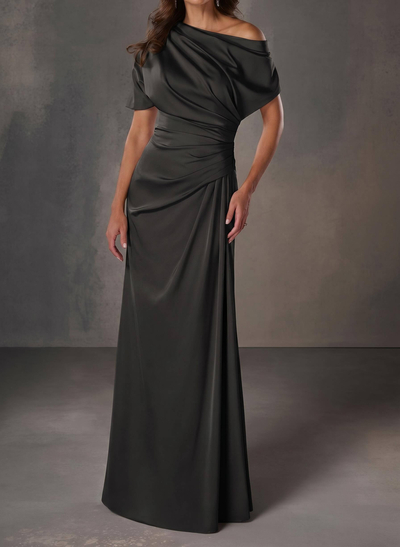 A-Line One-Shoulder Short Sleeves Floor-Length Crepe Satin Prom Dresses