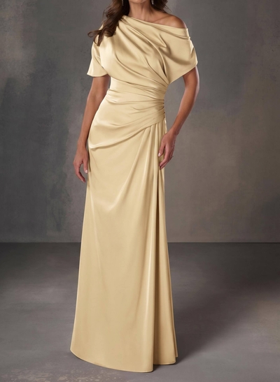 A-Line One-Shoulder Short Sleeves Floor-Length Crepe Satin Evening Dresses