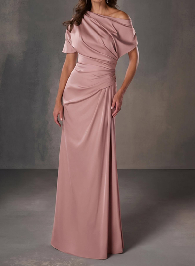 A-Line One-Shoulder Short Sleeves Floor-Length Crepe Satin Evening Dresses