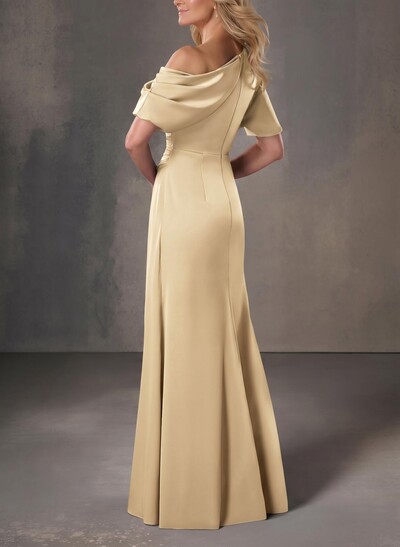 A-Line One-Shoulder Short Sleeves Floor-Length Crepe Satin Evening Dresses
