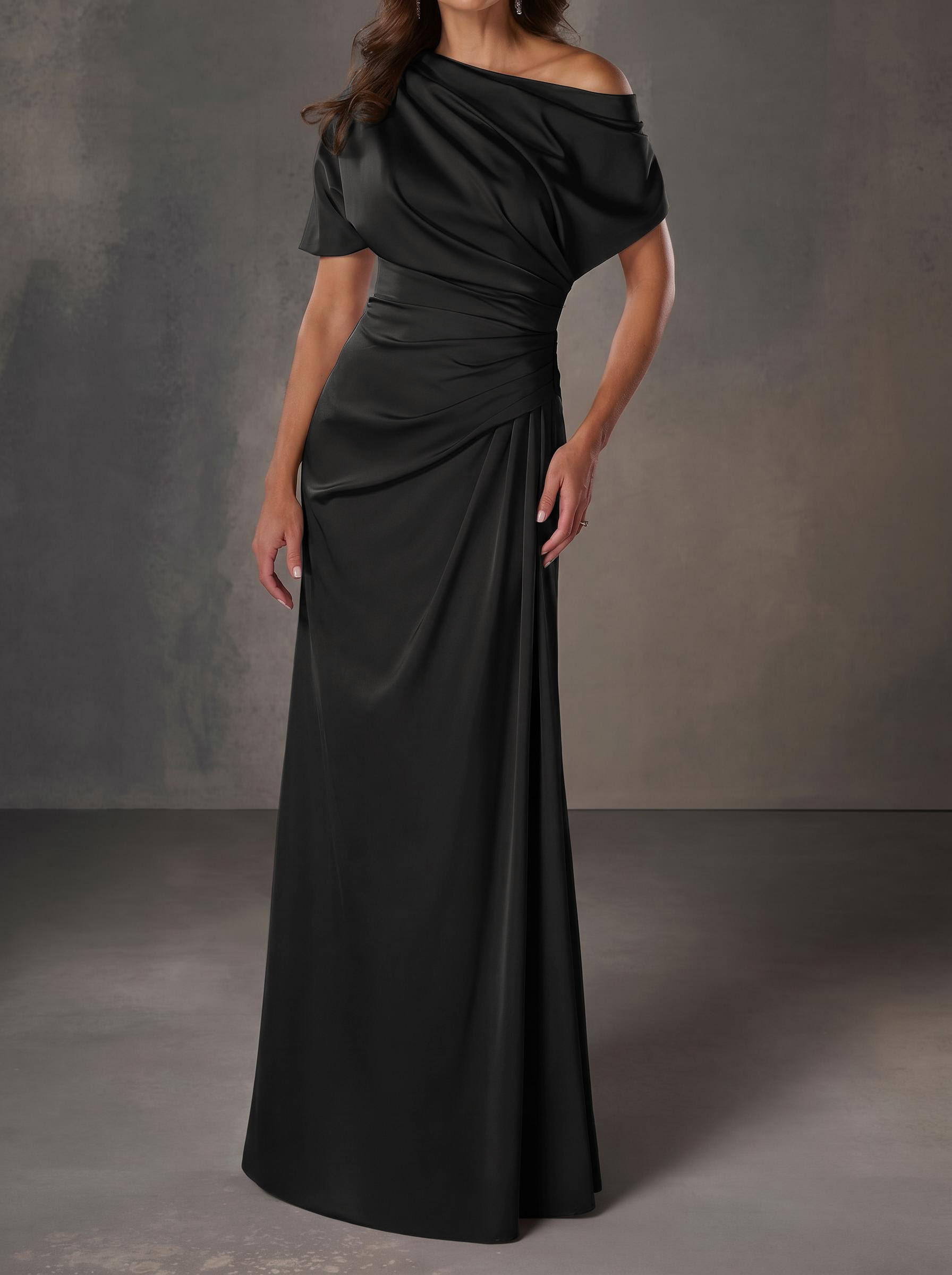 A-Line One-Shoulder Short Sleeves Floor-Length Crepe Satin Evening Dresses