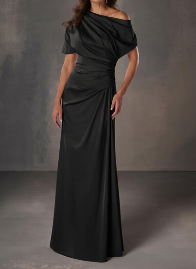 A-Line One-Shoulder Short Sleeves Floor-Length Crepe Satin Evening Dresses