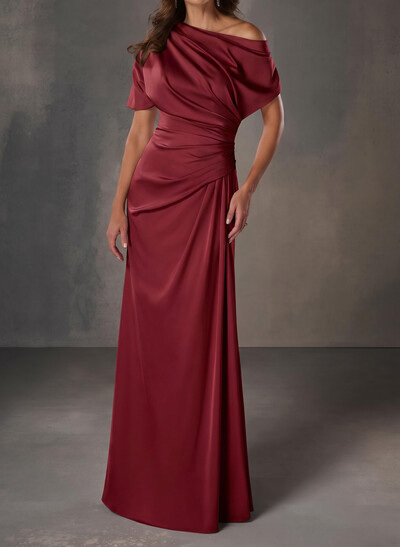 A-Line One-Shoulder Short Sleeves Floor-Length Crepe Satin Evening Dresses