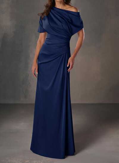 A-Line One-Shoulder Short Sleeves Floor-Length Crepe Satin Evening Dresses