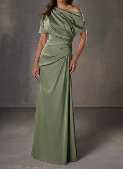A-Line One-Shoulder Short Sleeves Floor-Length Crepe Satin Evening Dresses