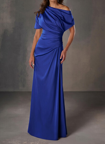 A-Line One-Shoulder Short Sleeves Floor-Length Crepe Satin Evening Dresses