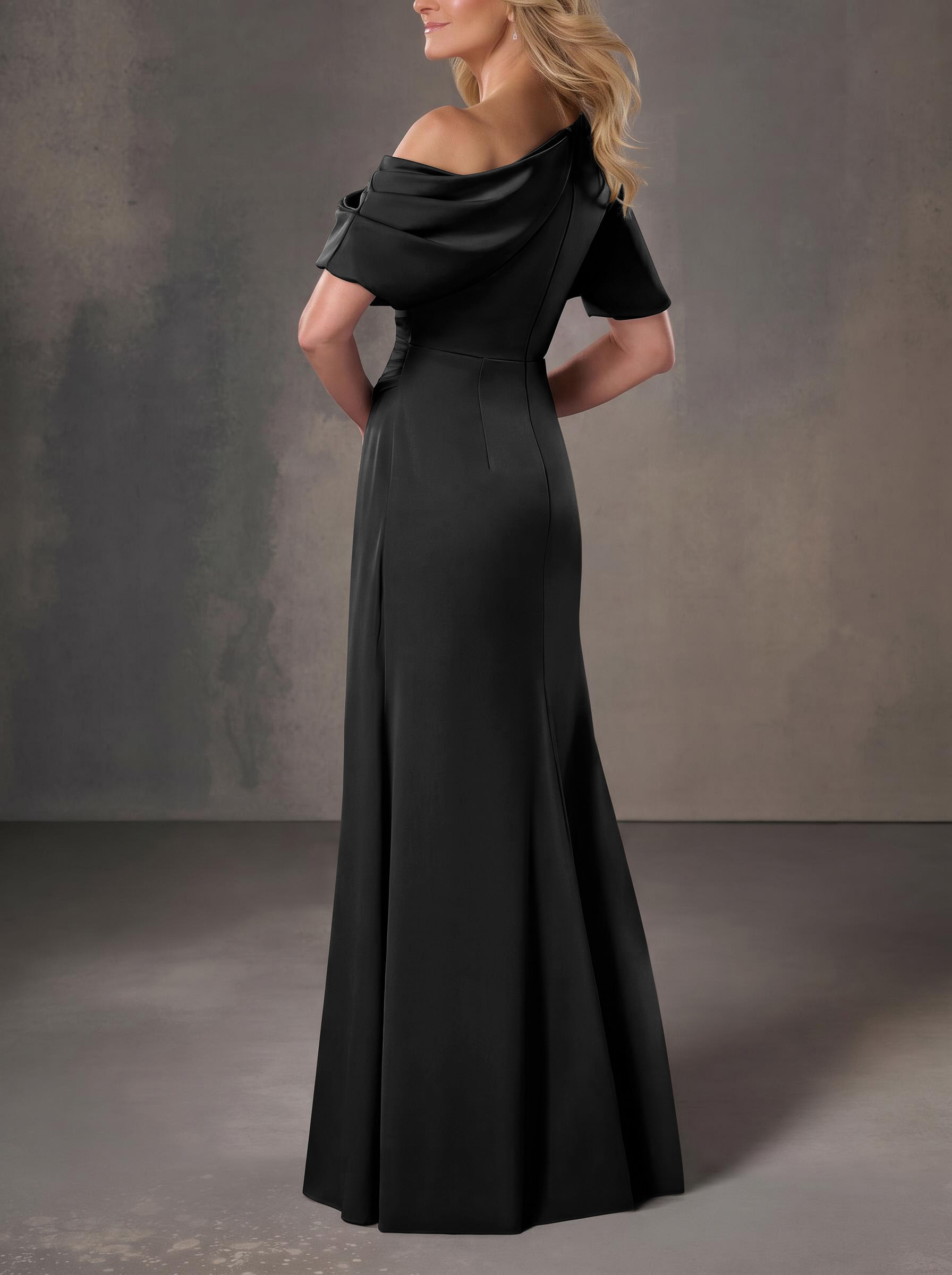 A-Line One-Shoulder Short Sleeves Floor-Length Crepe Satin Evening Dresses