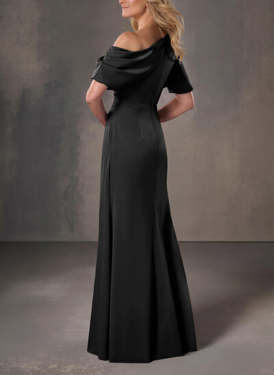 A-Line One-Shoulder Short Sleeves Floor-Length Crepe Satin Evening Dresses