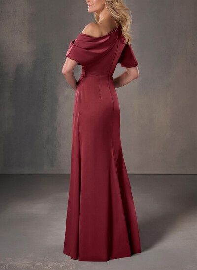 A-Line One-Shoulder Short Sleeves Floor-Length Crepe Satin Evening Dresses