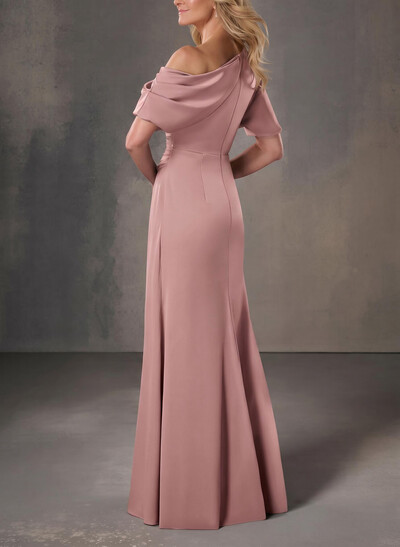 A-Line One-Shoulder Short Sleeves Floor-Length Crepe Satin Evening Dresses