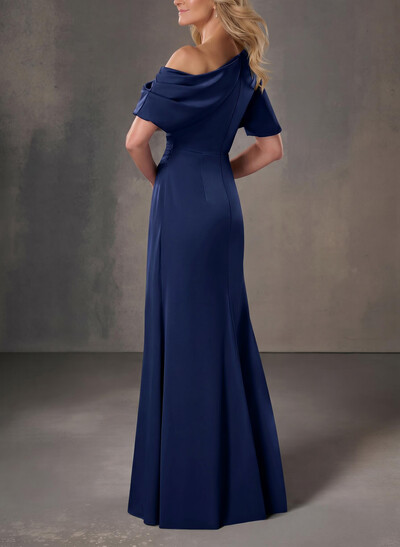 A-Line One-Shoulder Short Sleeves Floor-Length Crepe Satin Evening Dresses