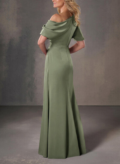 A-Line One-Shoulder Short Sleeves Floor-Length Crepe Satin Evening Dresses