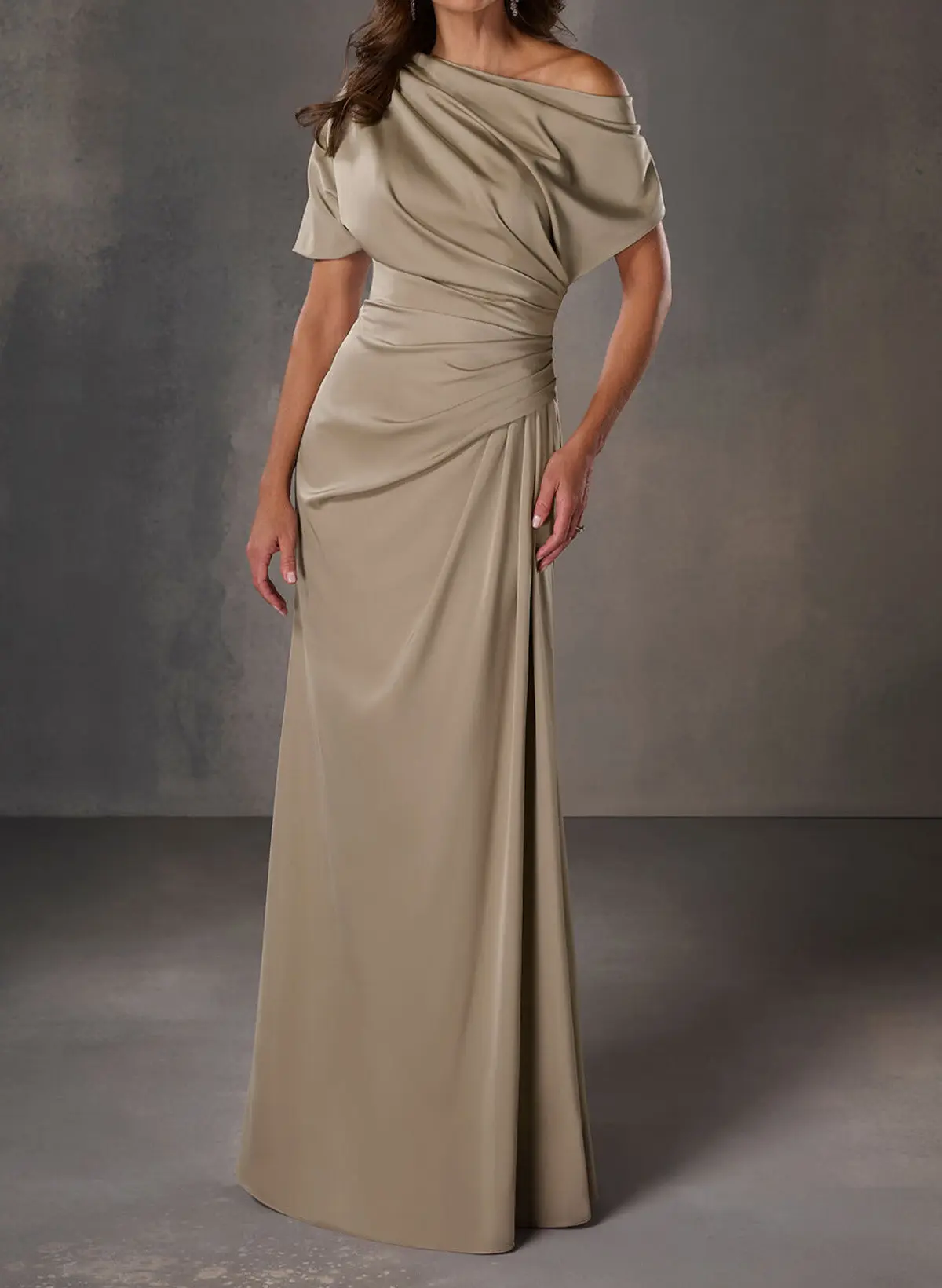 A-Line One-Shoulder Short Sleeves Floor-Length Crepe Satin Evening Dresses A-Line One-Shoulder Short Sleeves Floor-Length Crepe Satin Evening Dresses