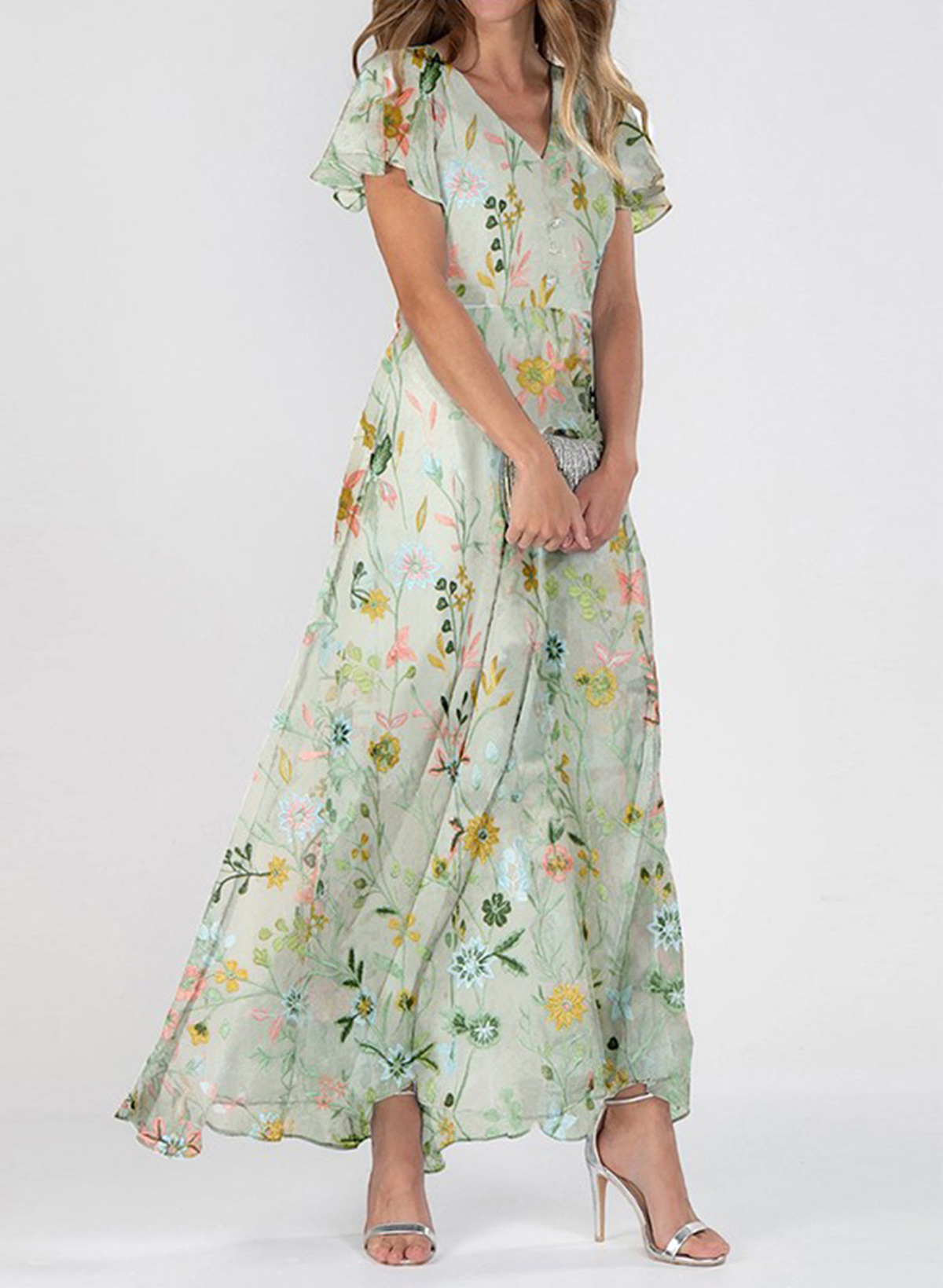 A-Line V-Neck Short Sleeves Ankle-Length Chiffon Evening Dresses With Flower(s)