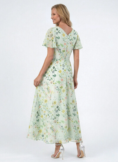 A-Line V-Neck Short Sleeves Ankle-Length Chiffon Evening Dresses With Flower(s)