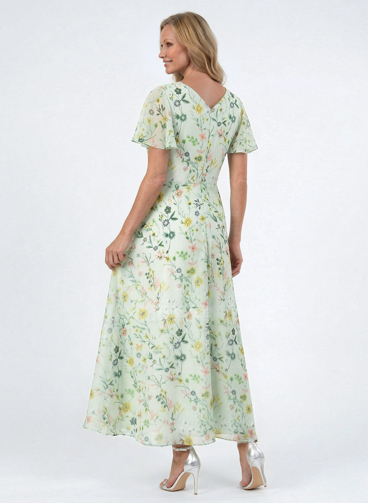 A-Line V-Neck Short Sleeves Ankle-Length Chiffon Evening Dresses With Flower(s)