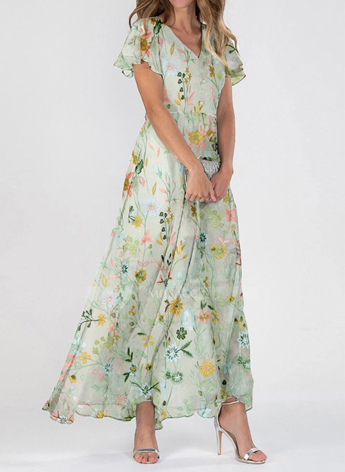 A-Line V-Neck Short Sleeves Ankle-Length Chiffon Evening Dresses With Flower(s)