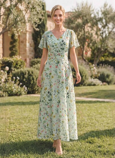 A-Line V-Neck Short Sleeves Ankle-Length Chiffon Evening Dresses With Flower(s)