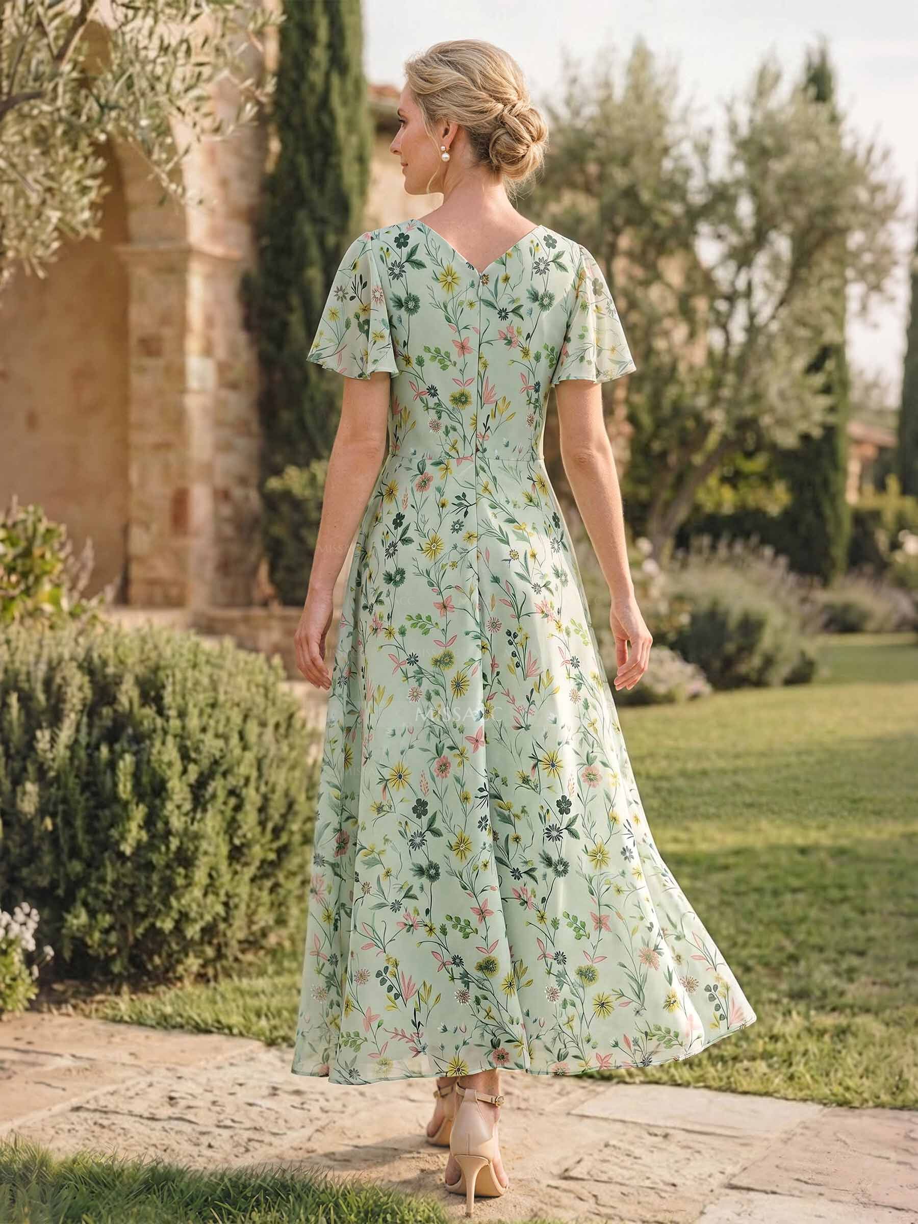 A-Line V-Neck Short Sleeves Ankle-Length Chiffon Evening Dresses With Flower(s)