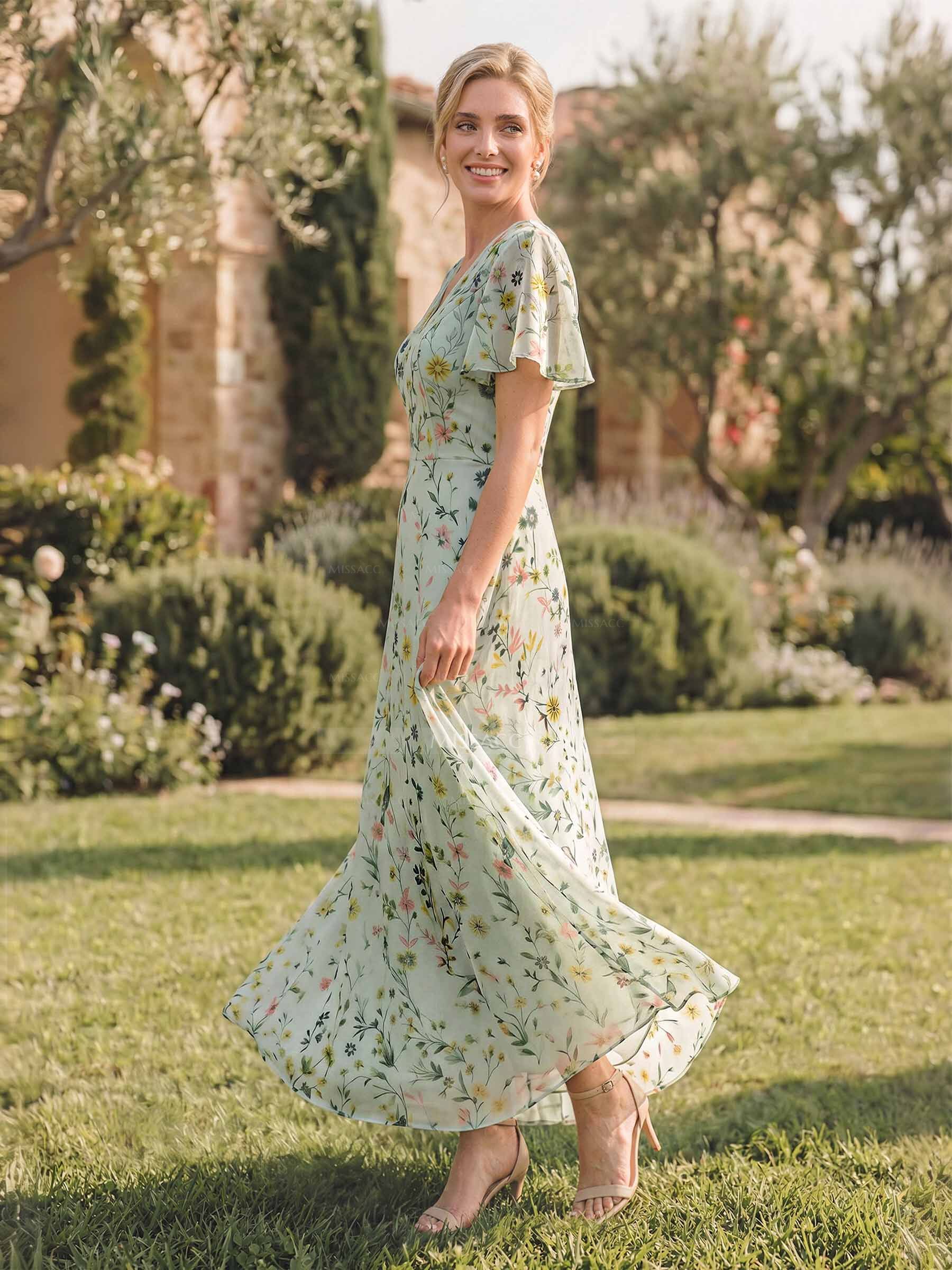 A-Line V-Neck Short Sleeves Ankle-Length Chiffon Evening Dresses With Flower(s)