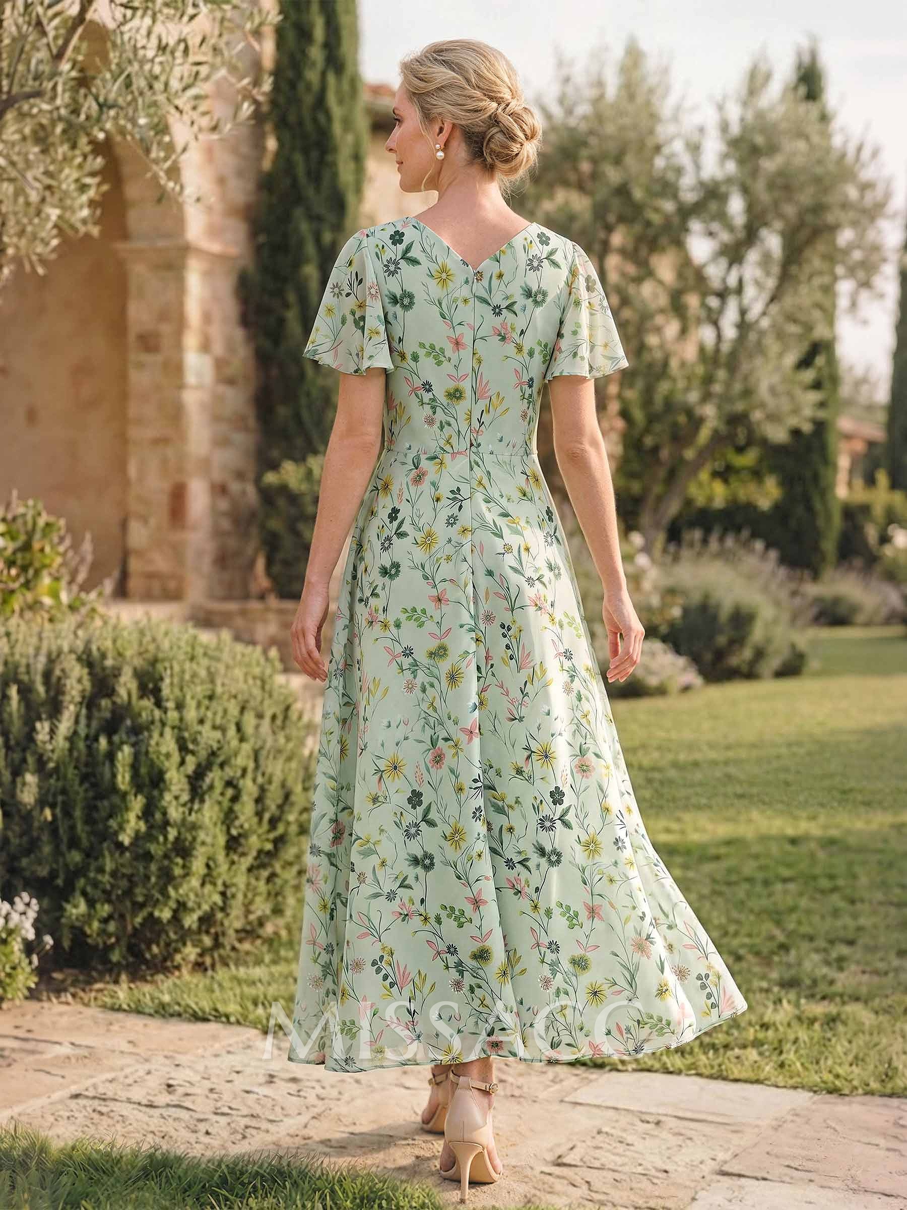 A-Line V-Neck Short Sleeves Ankle-Length Chiffon Evening Dresses With Flower(s)