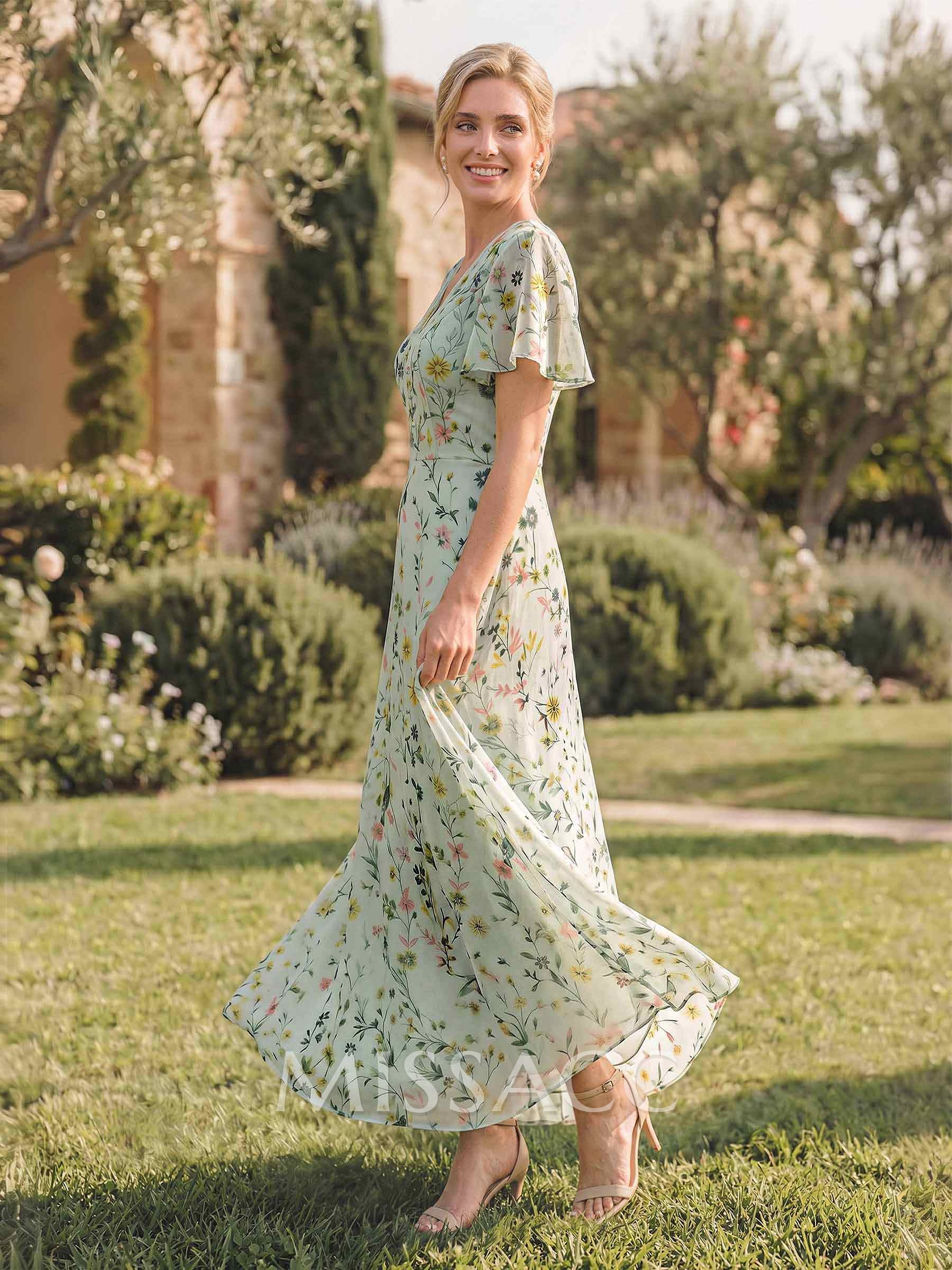 A-Line V-Neck Short Sleeves Ankle-Length Chiffon Evening Dresses With Flower(s)