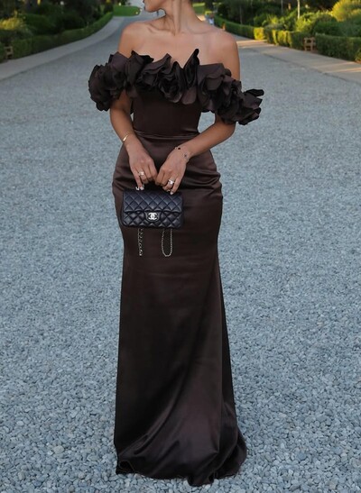 Flower(s) Off-The-Shoulder Sleeveless Floor-Length Satin Evening Dresses