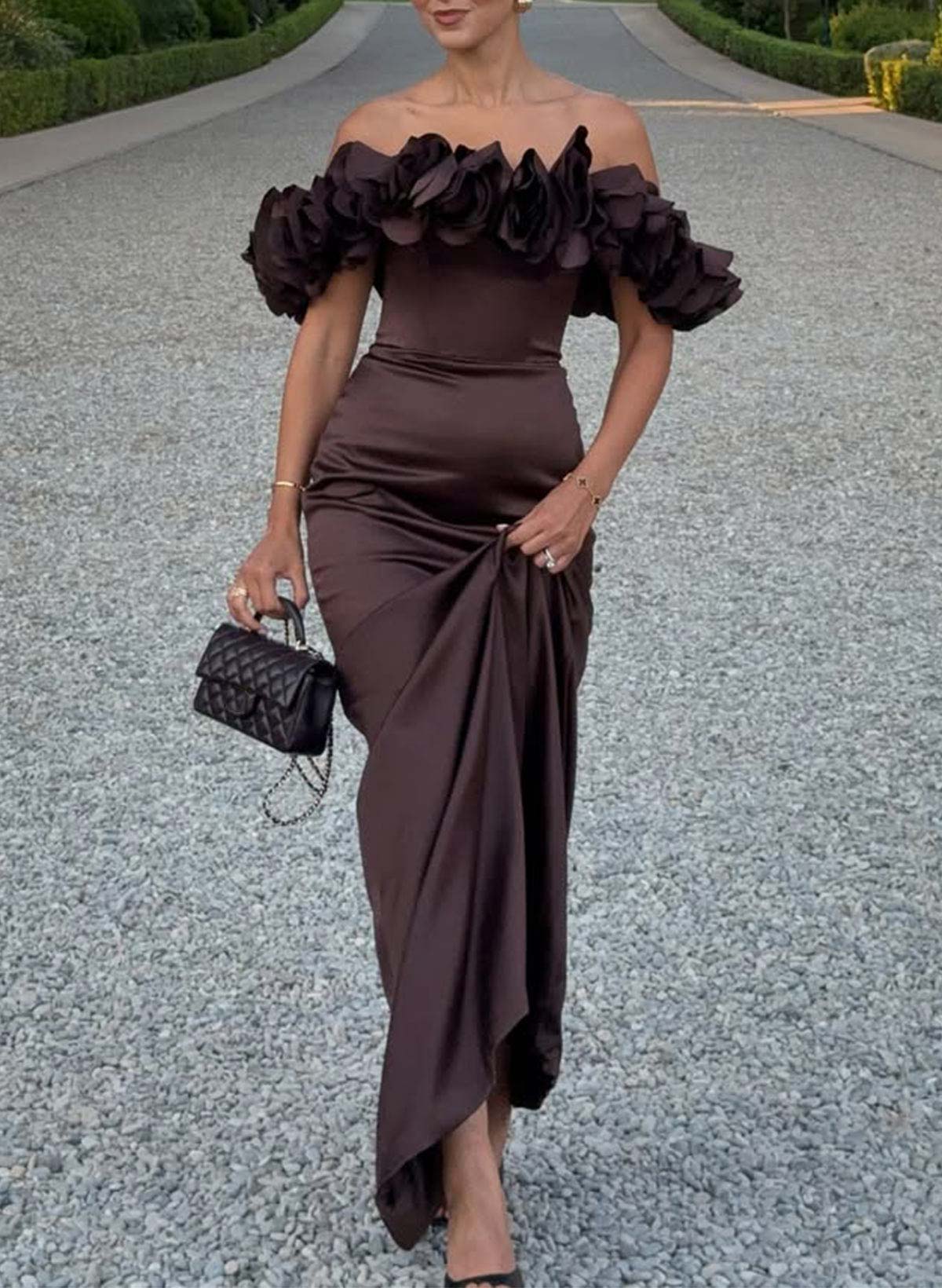 Flower(s) Off-The-Shoulder Sleeveless Floor-Length Satin Evening Dresses