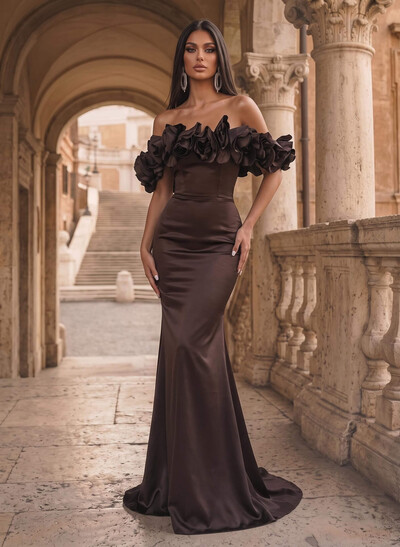 Flower(s) Off-The-Shoulder Sleeveless Floor-Length Satin Evening Dresses