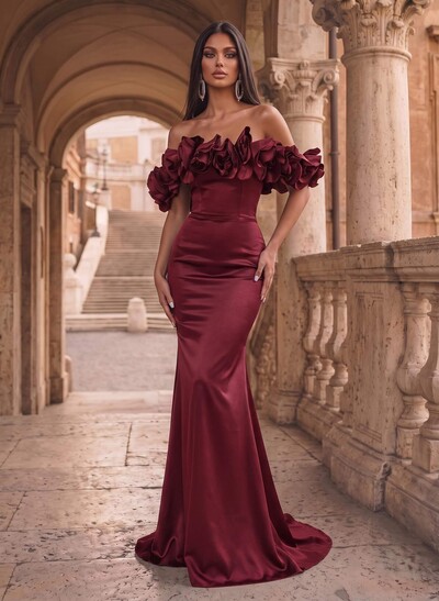 Flower(s) Off-The-Shoulder Sleeveless Floor-Length Satin Evening Dresses