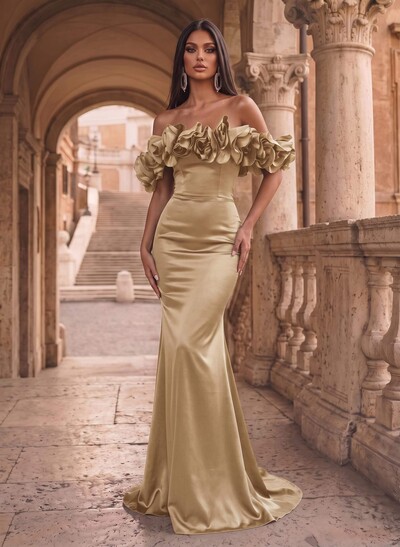 Flower(s) Off-The-Shoulder Sleeveless Floor-Length Satin Evening Dresses
