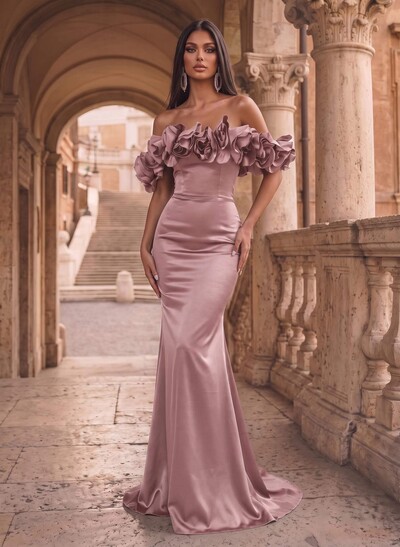 Flower(s) Off-The-Shoulder Sleeveless Floor-Length Satin Evening Dresses