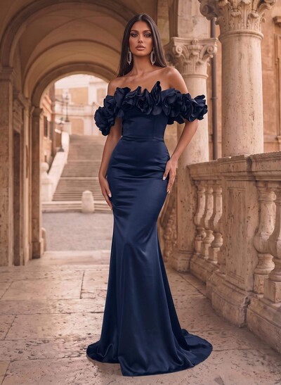 Flower(s) Off-The-Shoulder Sleeveless Floor-Length Satin Evening Dresses