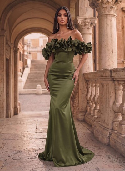 Flower(s) Off-The-Shoulder Sleeveless Floor-Length Satin Evening Dresses