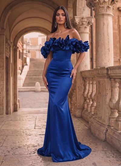 Flower(s) Off-The-Shoulder Sleeveless Floor-Length Satin Evening Dresses