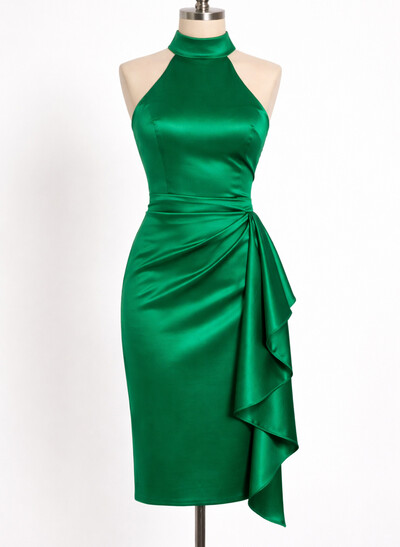 Sheath/Column Halter Sleeveless Knee-Length Silk Like Satin Evening Dresses With Ruffle