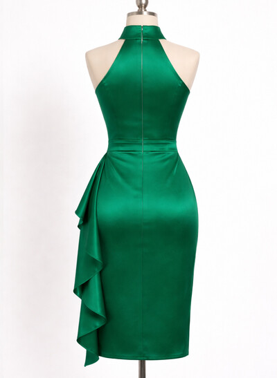 Sheath/Column Halter Sleeveless Knee-Length Silk Like Satin Evening Dresses With Ruffle