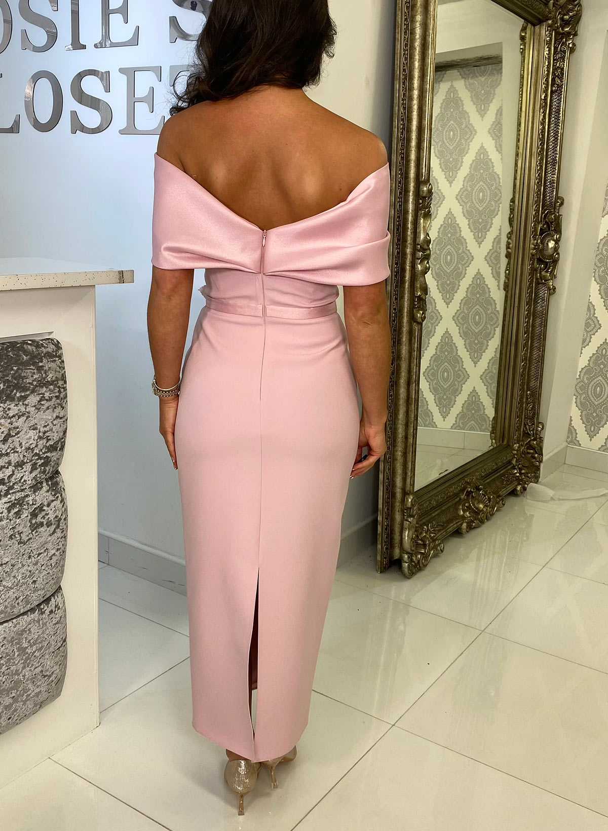 Sheath/Column Off-The-Shoulder Sleeveless Knee-Length Satin/Elastic Satin Evening Dresses With Back Slit