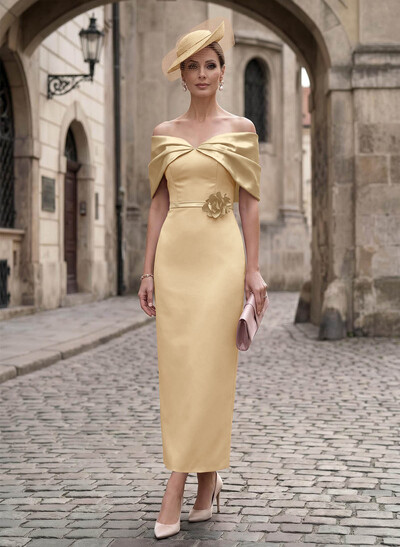 Sheath/Column Off-The-Shoulder Sleeveless Ankle-Length Satin/Elastic Satin Evening Dresses With Back Slit