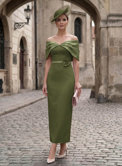 Sheath/Column Off-The-Shoulder Sleeveless Ankle-Length Satin/Elastic Satin Evening Dresses With Back Slit