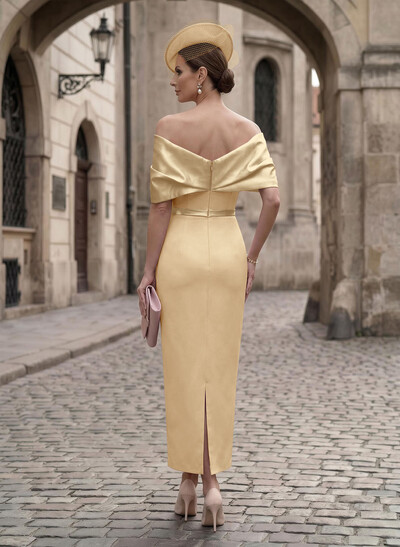 Sheath/Column Off-The-Shoulder Sleeveless Ankle-Length Satin/Elastic Satin Evening Dresses With Back Slit