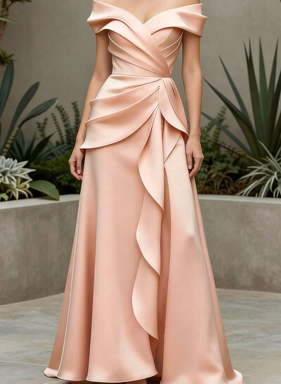 A-Line Off-The-Shoulder Sleeveless Floor-Length Matte Satin Evening Dresses With Pleated